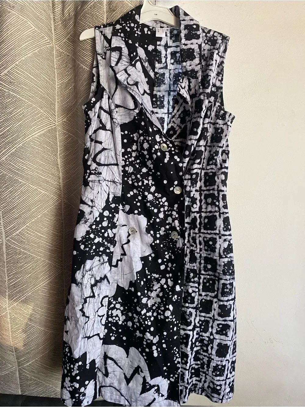 Osei Duro Duplo Dress Women’s linen Sleeveless Black White Floral Pockets Sz M